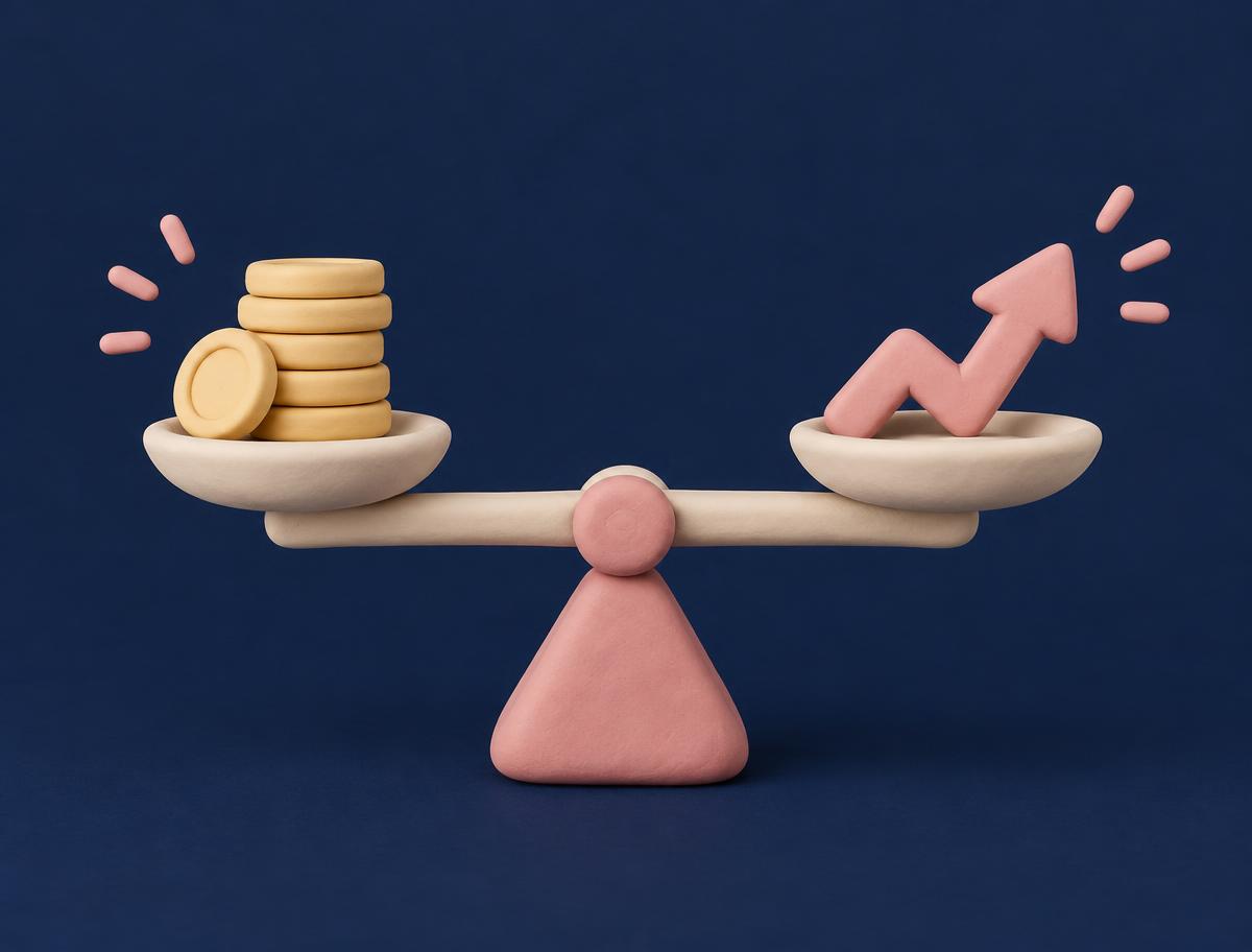 Clay illustration of coins balanced against a rising revenue arrow