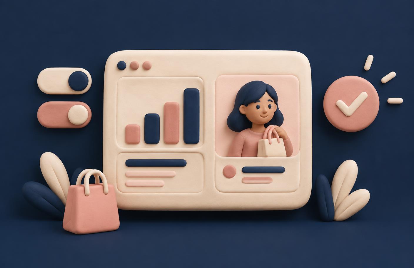 Clay illustration of a kovly workspace with shopper insights and approval controls